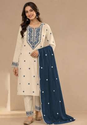 Navy Blue Embroidery Cotton Kurta Set