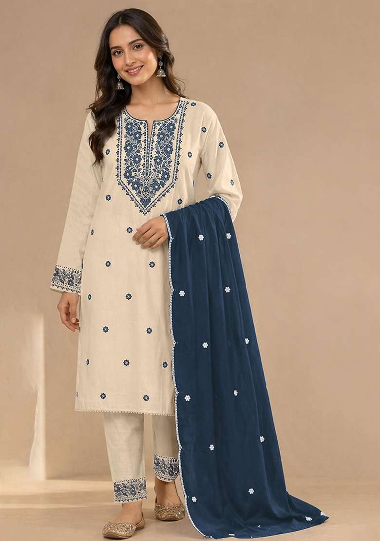 Navy Blue Embroidery Cotton Kurta Set - Indya