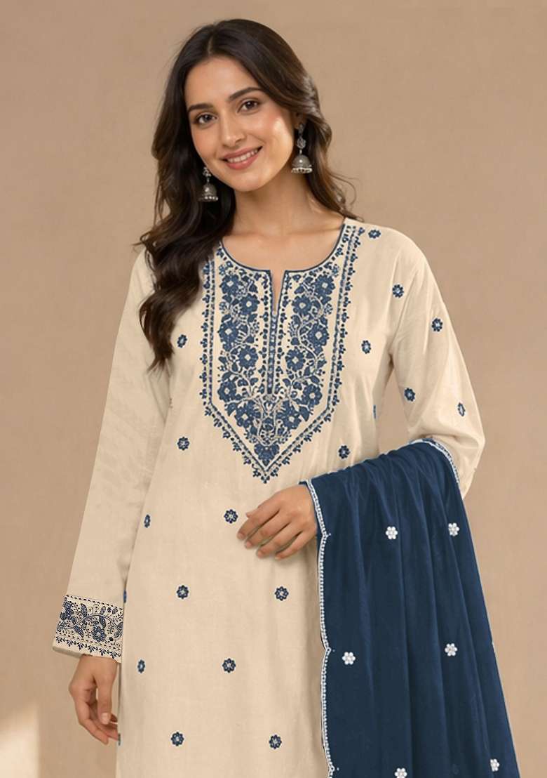 Navy Blue Embroidery Cotton Kurta Set - Indya