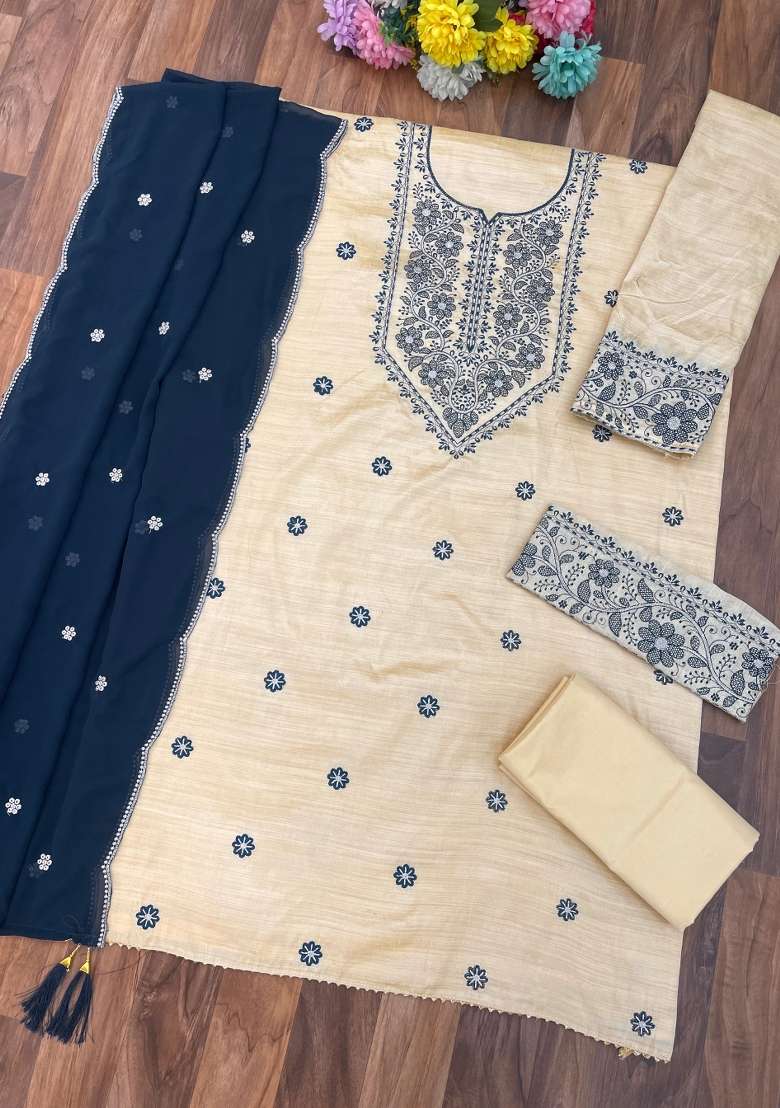Navy Blue Embroidery Cotton Kurta Set - Indya