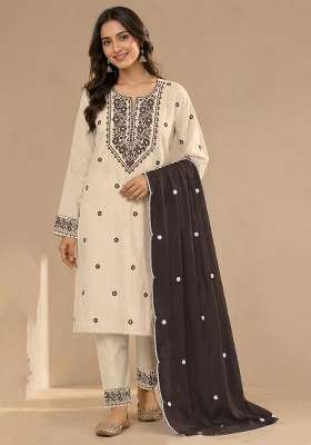 Brown Embroidery Cotton Kurta Set
