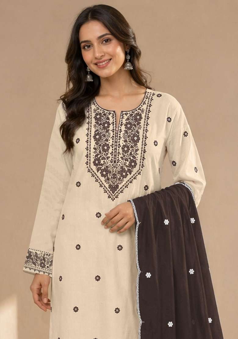 Brown Embroidery Cotton Kurta Set - Indya