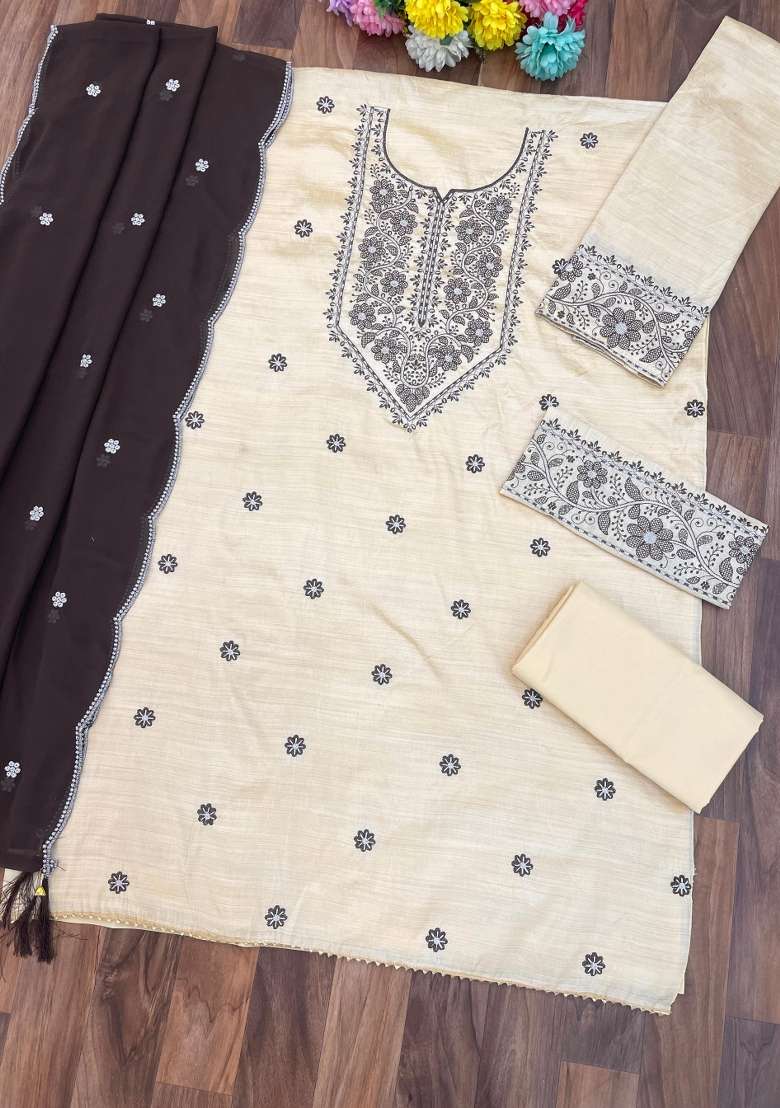 Brown Embroidery Cotton Kurta Set - Indya
