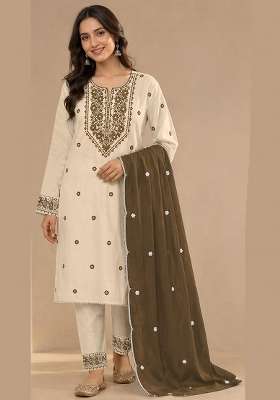 Olive Green Embroidery Cotton Kurta Set