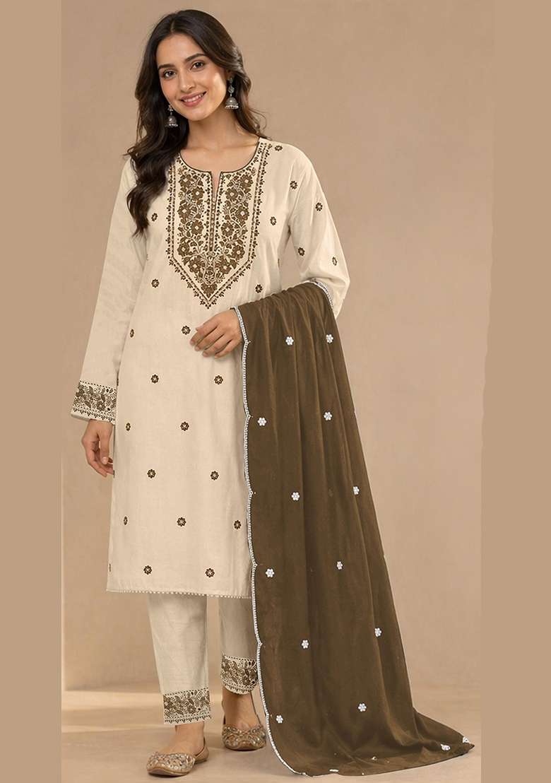 Olive Green Embroidery Cotton Kurta Set - Indya