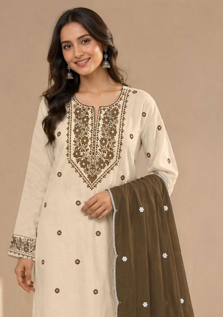 Olive Green Embroidery Cotton Kurta Set - Indya