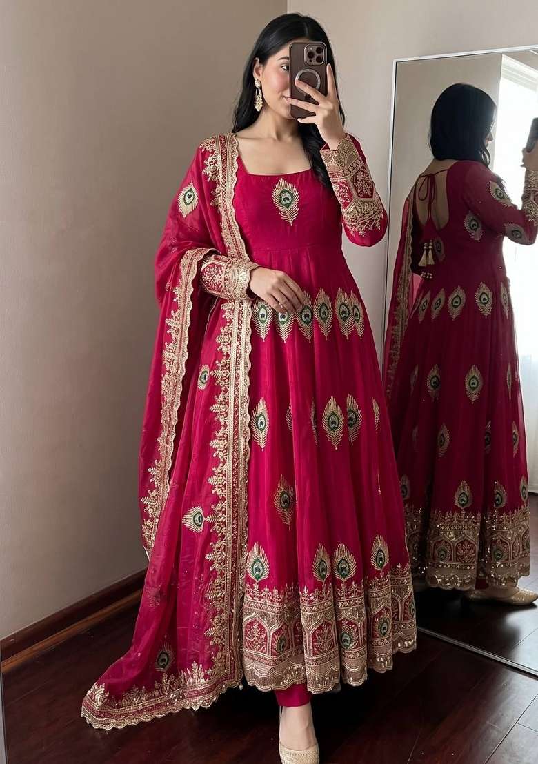 Red Embroidery Silk Kurta Set - Indya