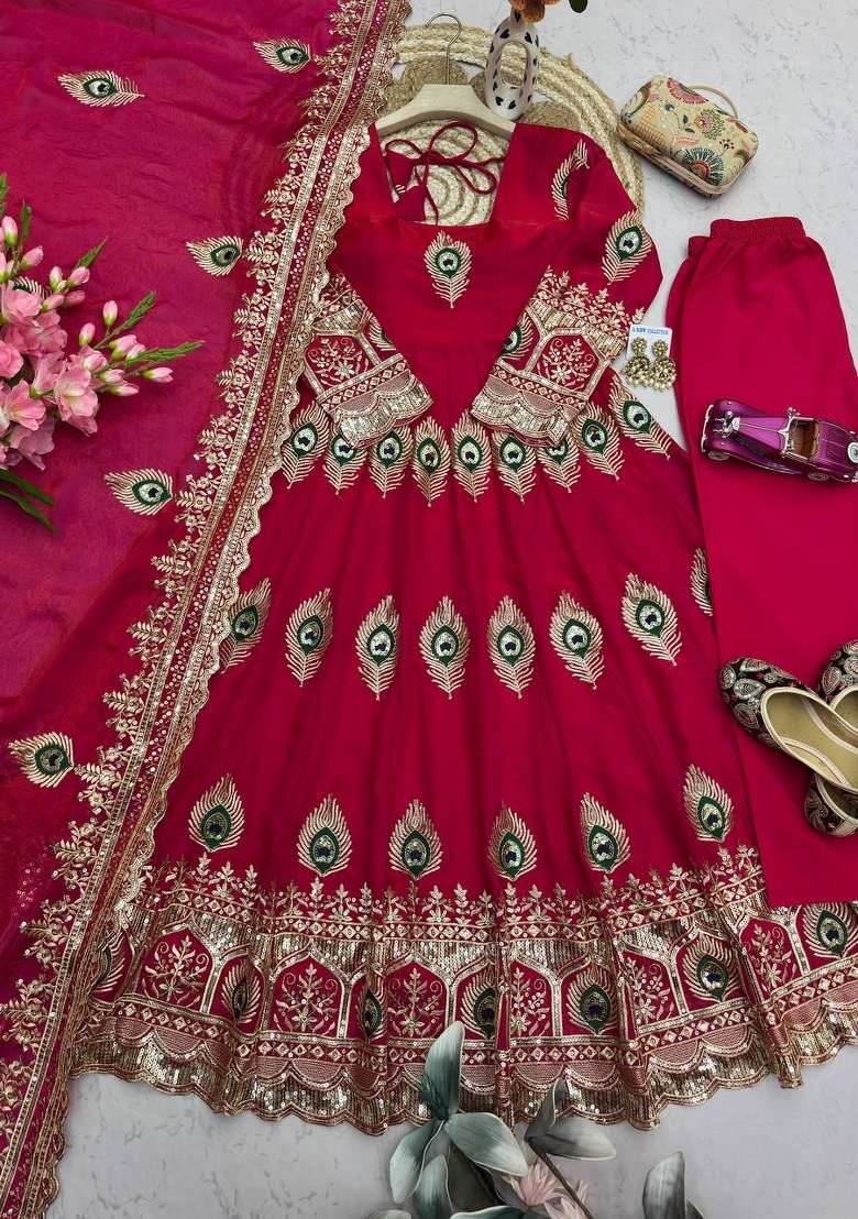 Red Embroidery Silk Kurta Set - Indya