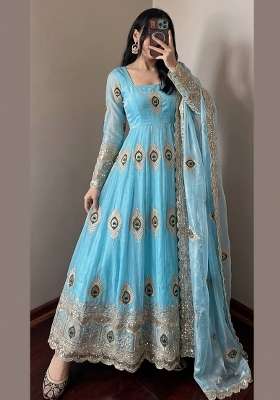 Sky Blue Embroidery Silk Kurta Set