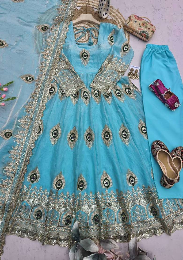 Sky Blue Embroidery Silk Kurta Set - Indya