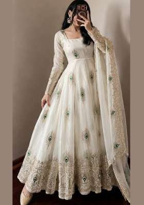 White Embroidery Silk Kurta Set