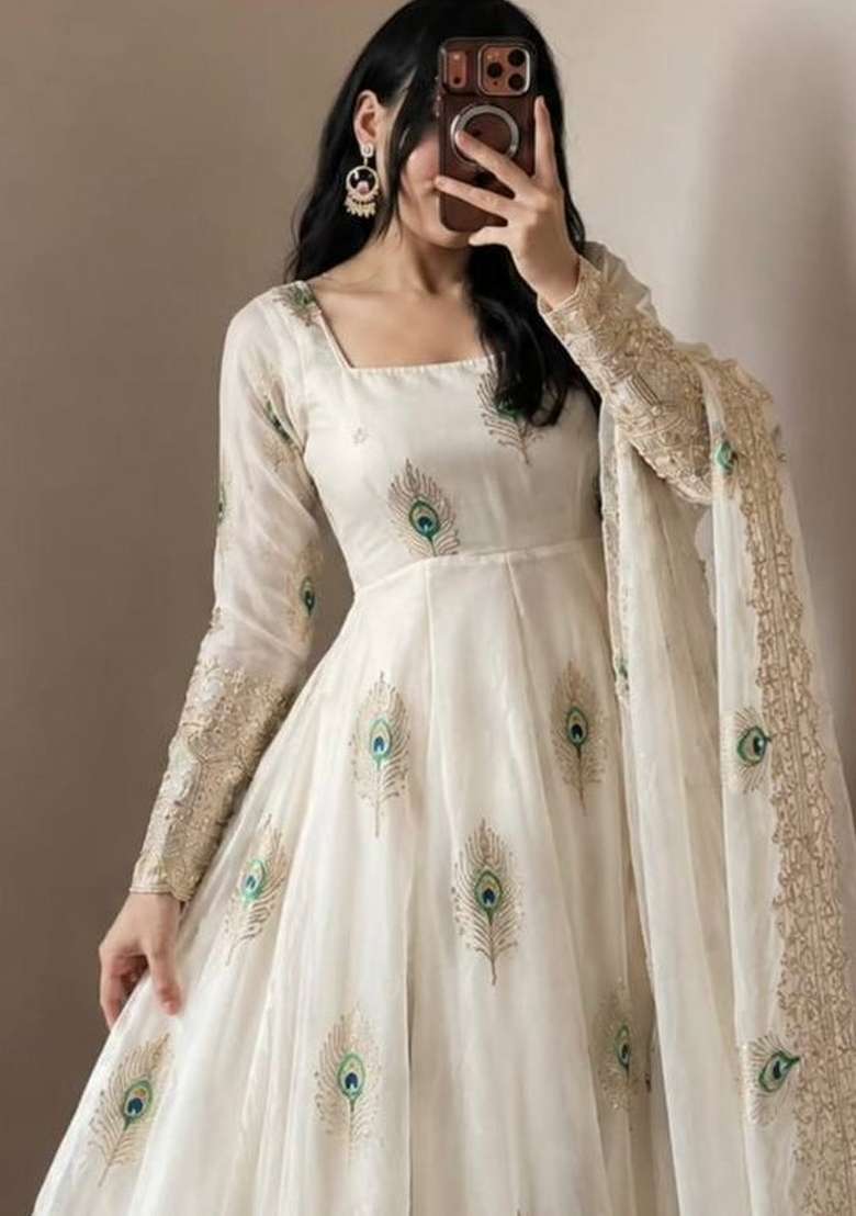 White Embroidery Silk Kurta Set - Indya