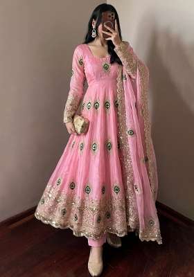 Pink Embroidery Silk Kurta Set