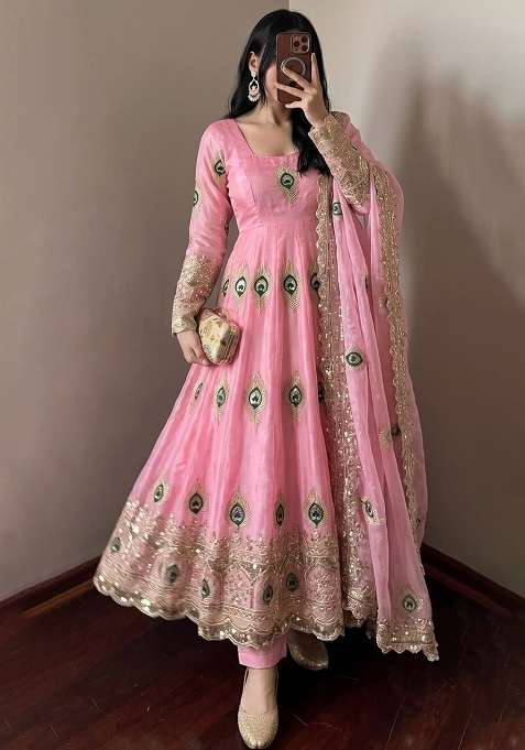 Pink Embroidery Silk Kurta Set