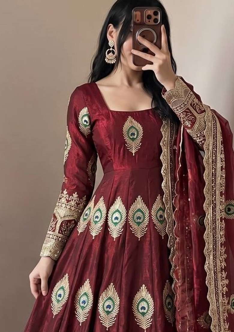 Maroon Embroidery Silk Kurta Set - Indya