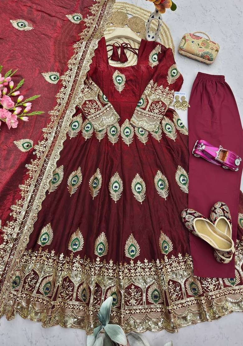 Maroon Embroidery Silk Kurta Set - Indya