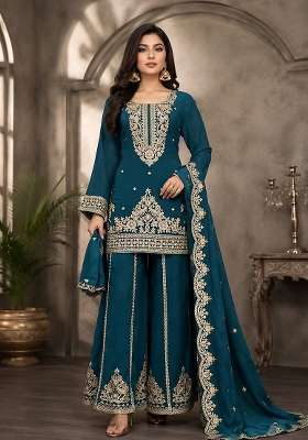 Teal Embroidery Viscose Kurta Set