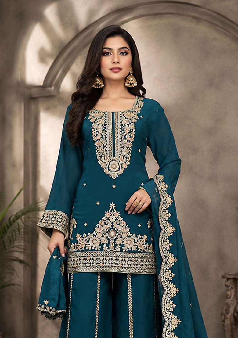 Teal Embroidery Viscose Kurta Set - Indya