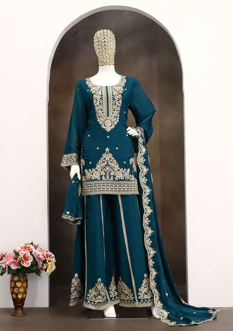 Teal Embroidery Viscose Kurta Set - Indya