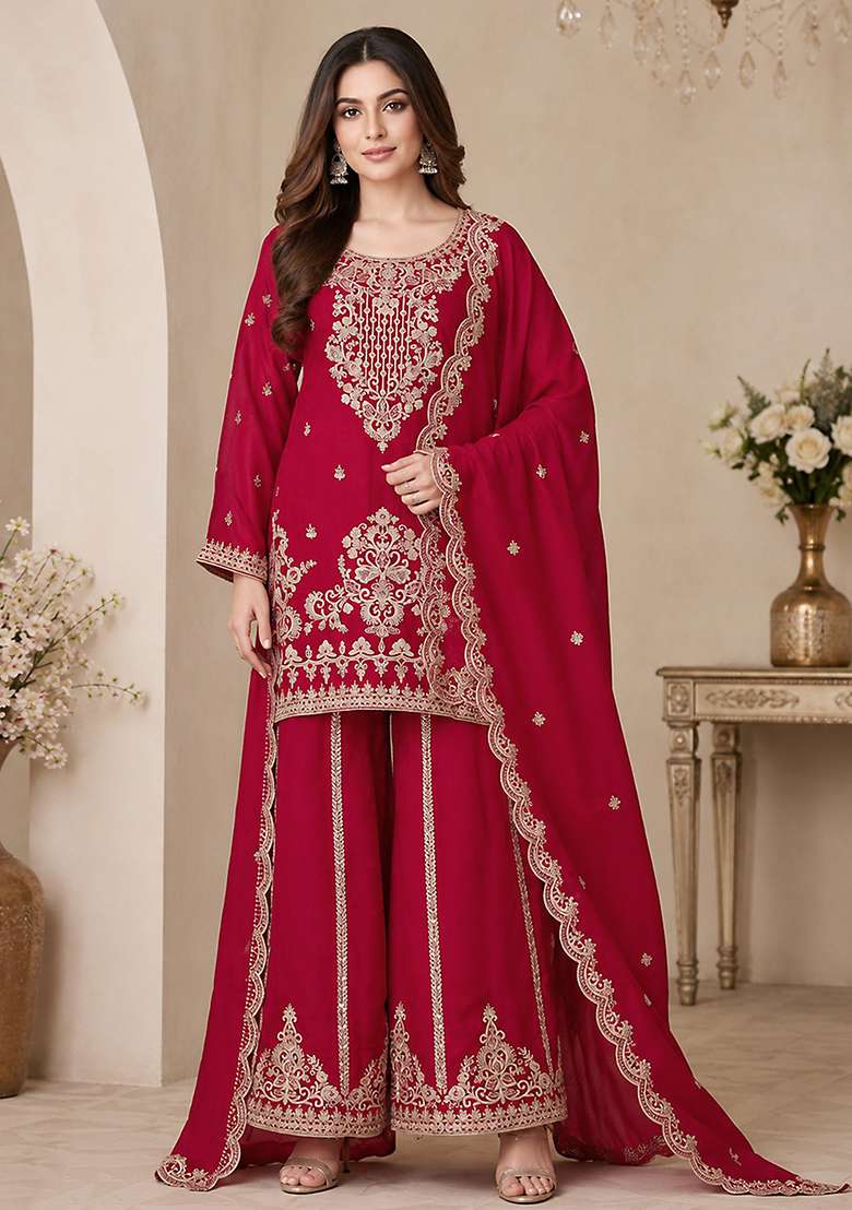 Red Embroidery Viscose Kurta Set - Indya