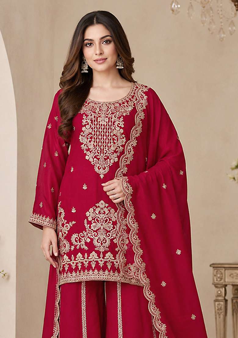 Red Embroidery Viscose Kurta Set - Indya
