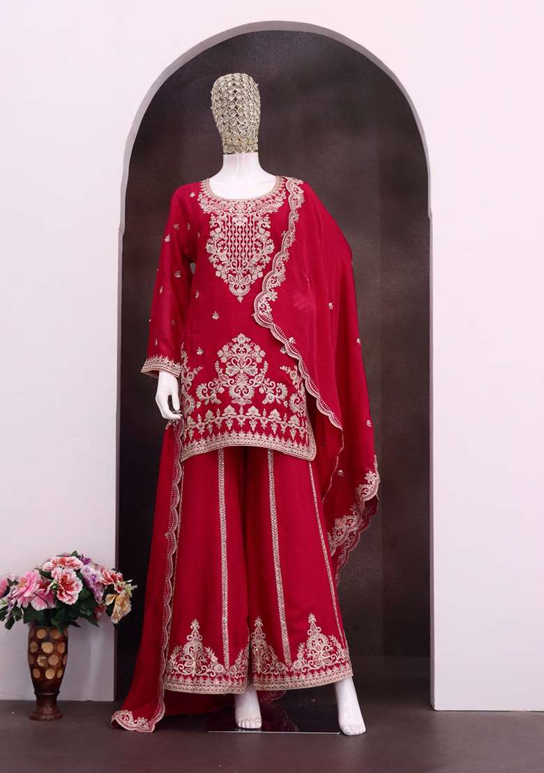 Red Embroidery Viscose Kurta Set - Indya