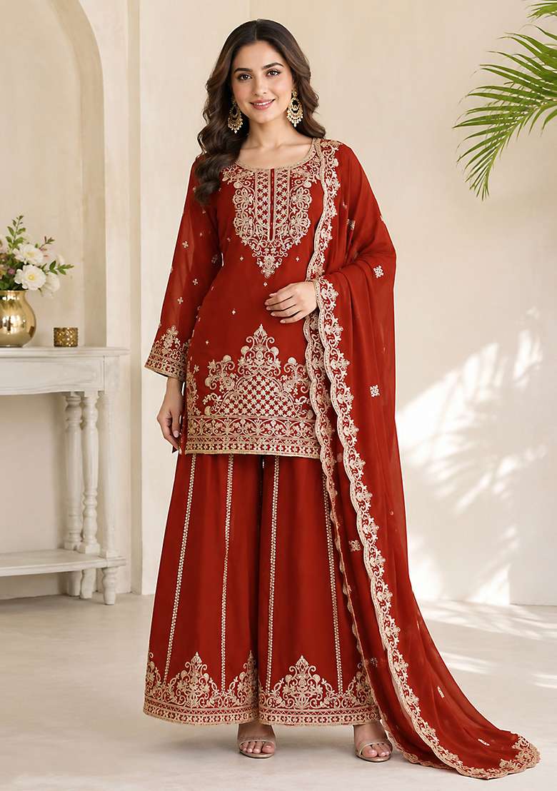 Orange Embroidery Viscose Kurta Set - Indya
