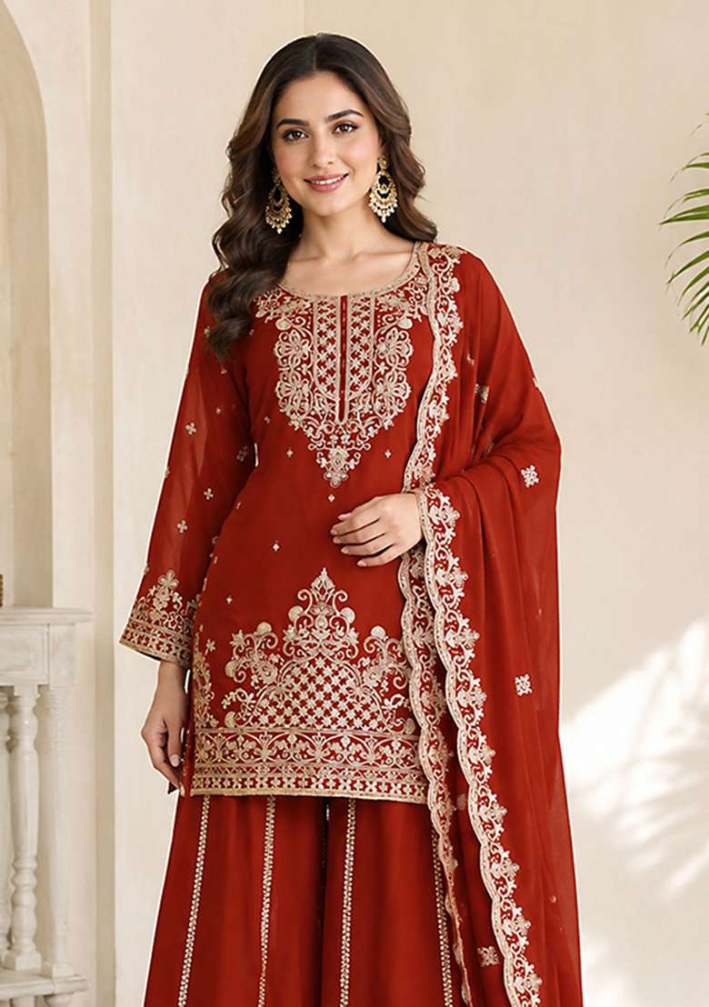 Orange Embroidery Viscose Kurta Set - Indya