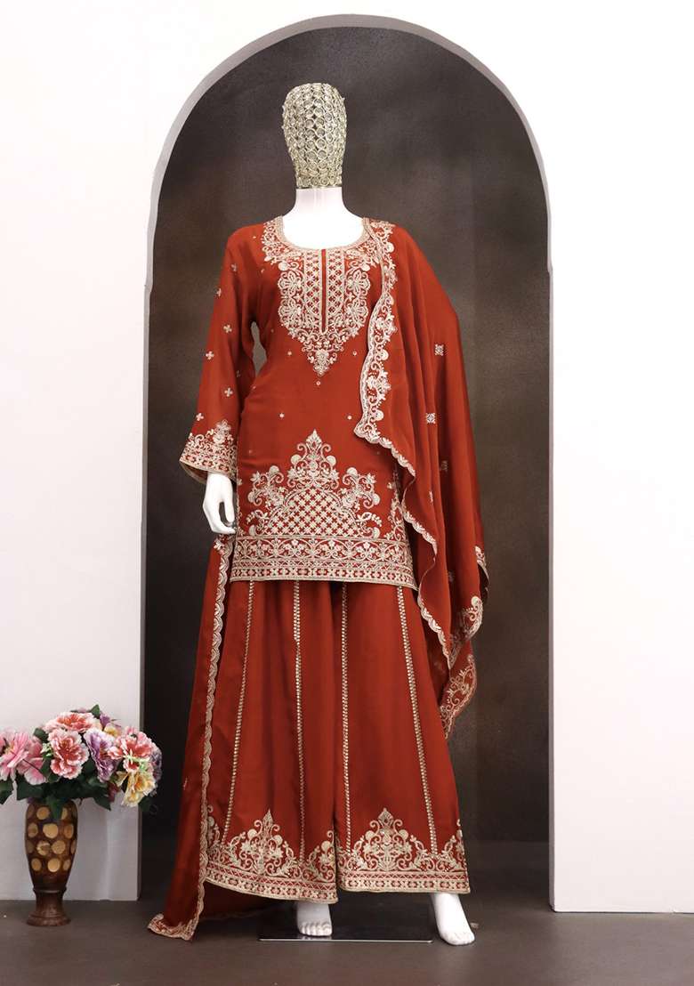 Orange Embroidery Viscose Kurta Set - Indya