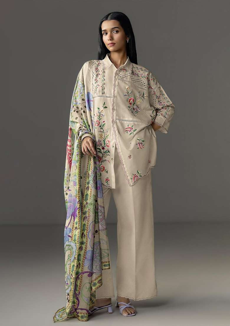 Dark Cream Embroidery Cotton Kurta Set - Indya