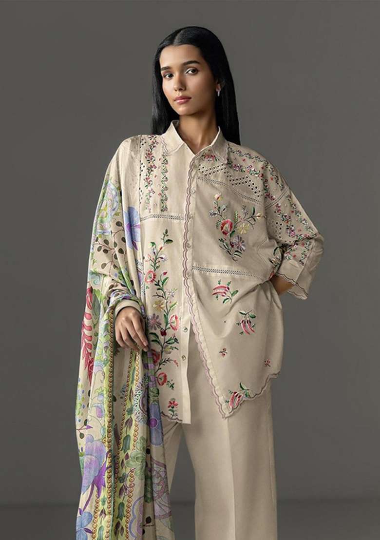 Dark Cream Embroidery Cotton Kurta Set - Indya