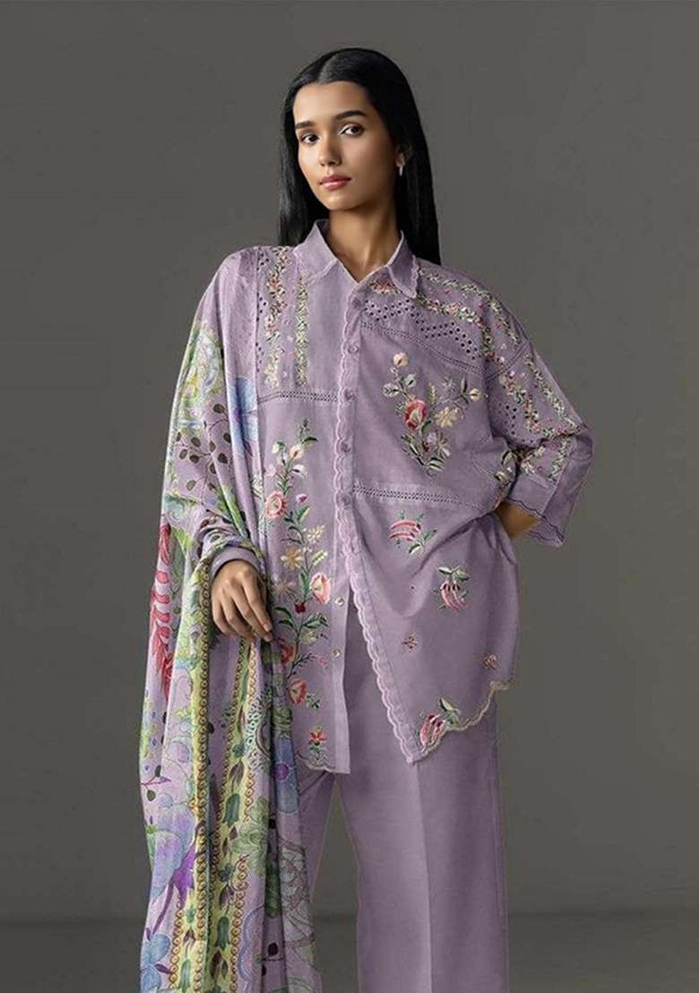 Lavender Embroidery Cotton Kurta Set - Indya