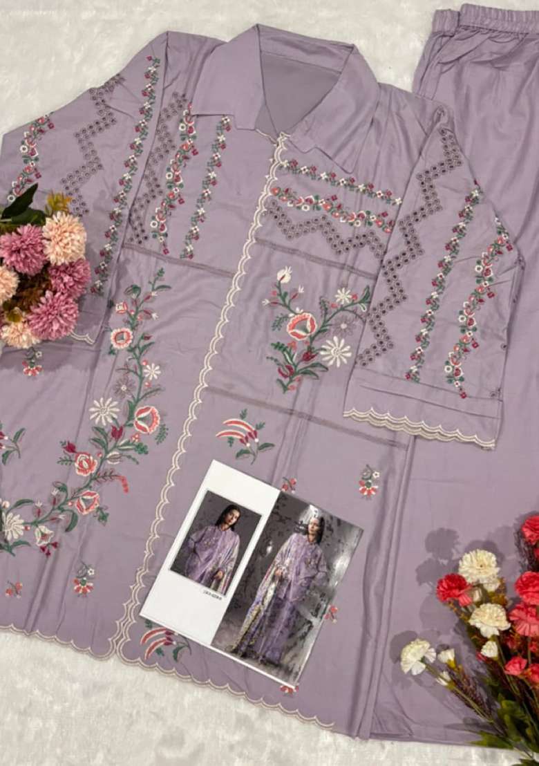 Lavender Embroidery Cotton Kurta Set - Indya