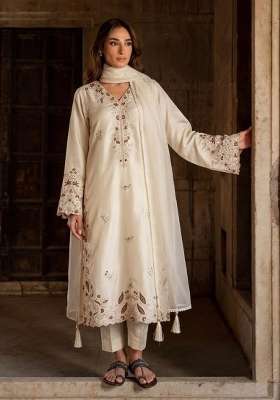 White Embroidery Silk Kurta Set
