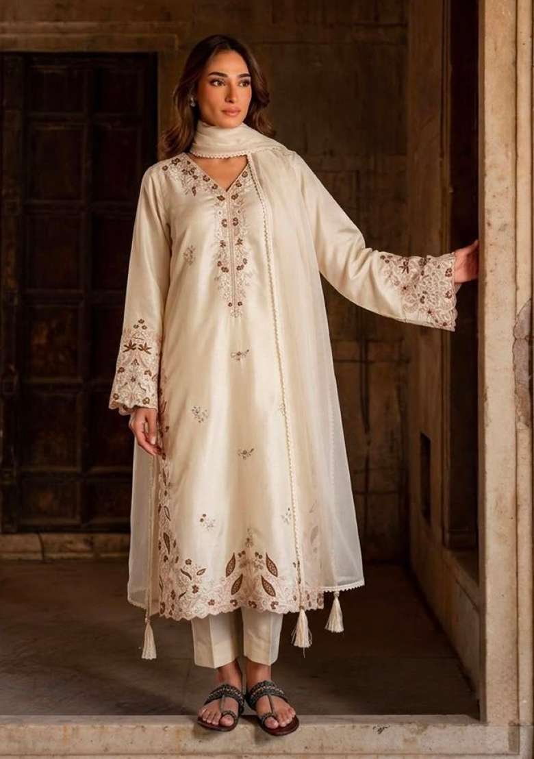 White Embroidery Silk Kurta Set - Indya