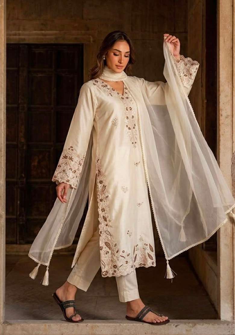 White Embroidery Silk Kurta Set - Indya
