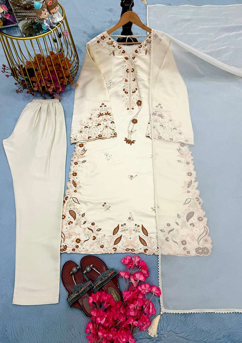 White Embroidery Silk Kurta Set - Indya