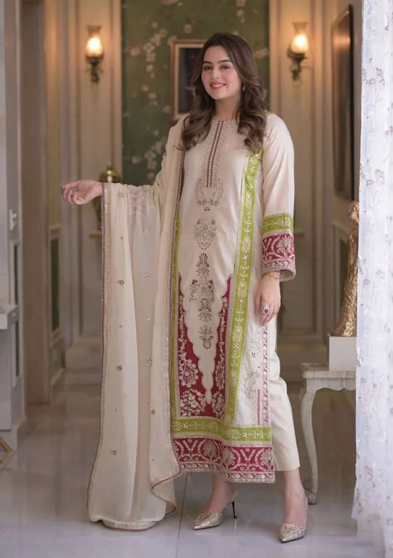 White Embroidery Silk Kurta Set - Indya