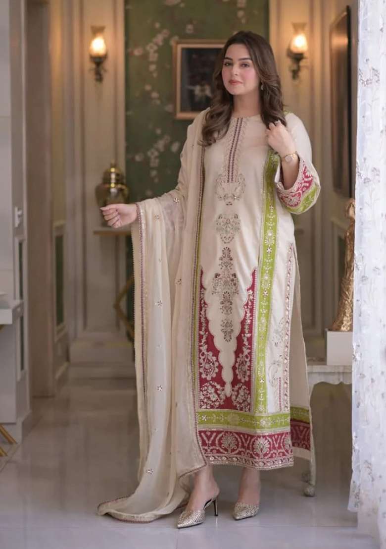 White Embroidery Silk Kurta Set - Indya
