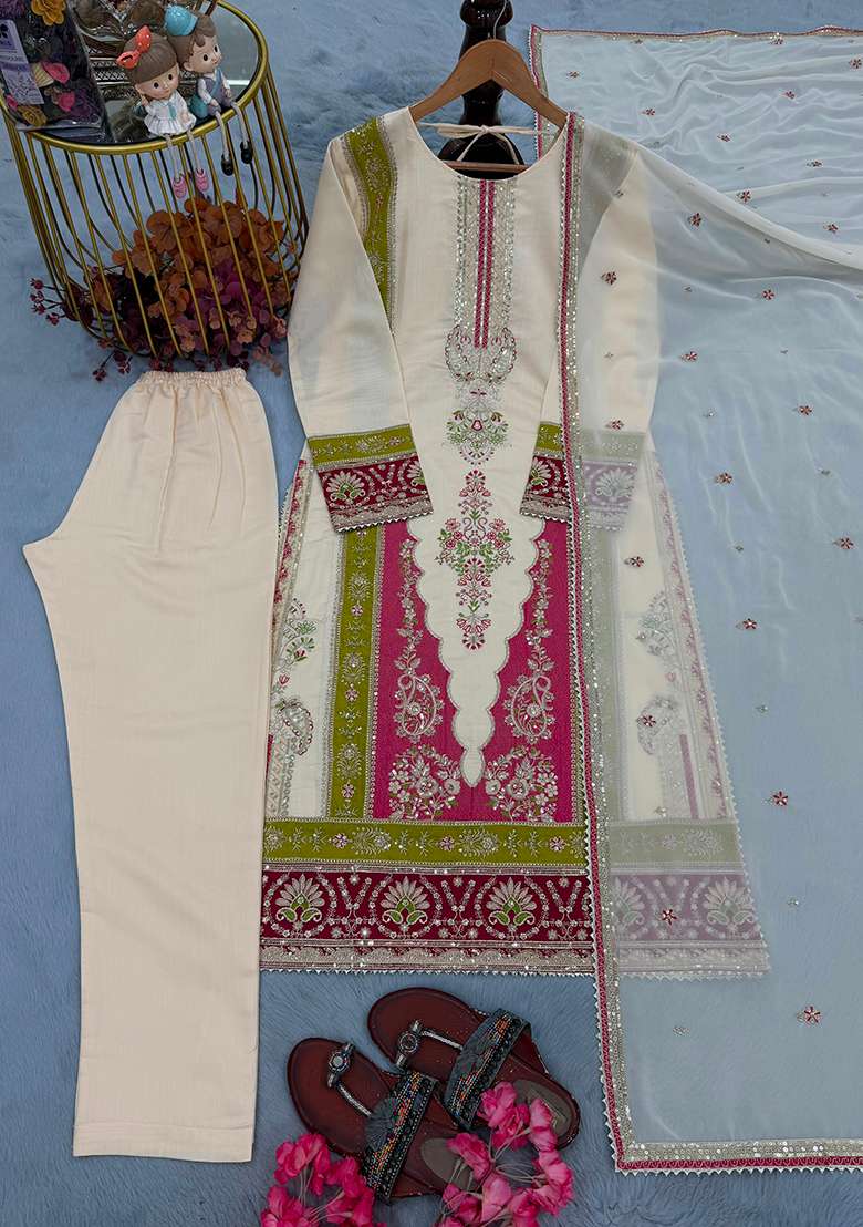 White Embroidery Silk Kurta Set - Indya