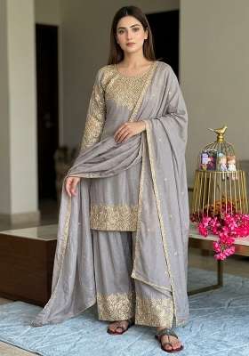 Grey Embroidery Silk Kurta Set
