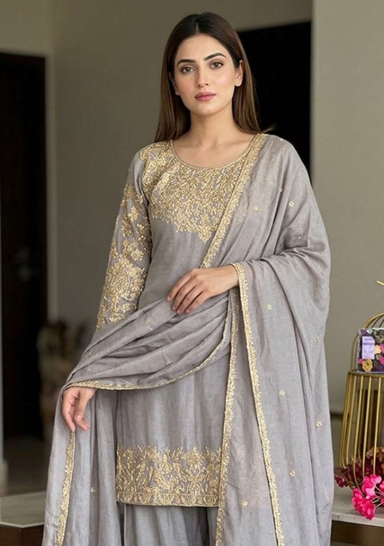 Grey Embroidery Silk Kurta Set - Indya
