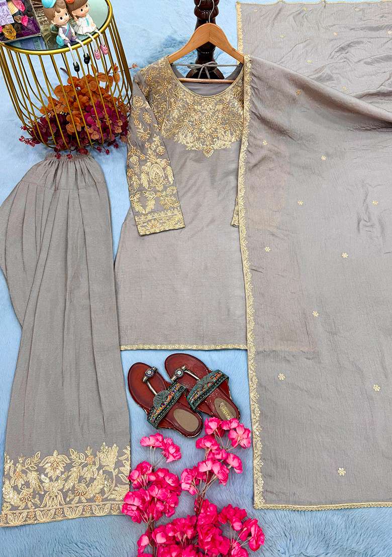 Grey Embroidery Silk Kurta Set - Indya