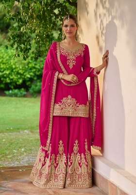 Rani Pink Embroidery Silk Kurta Set