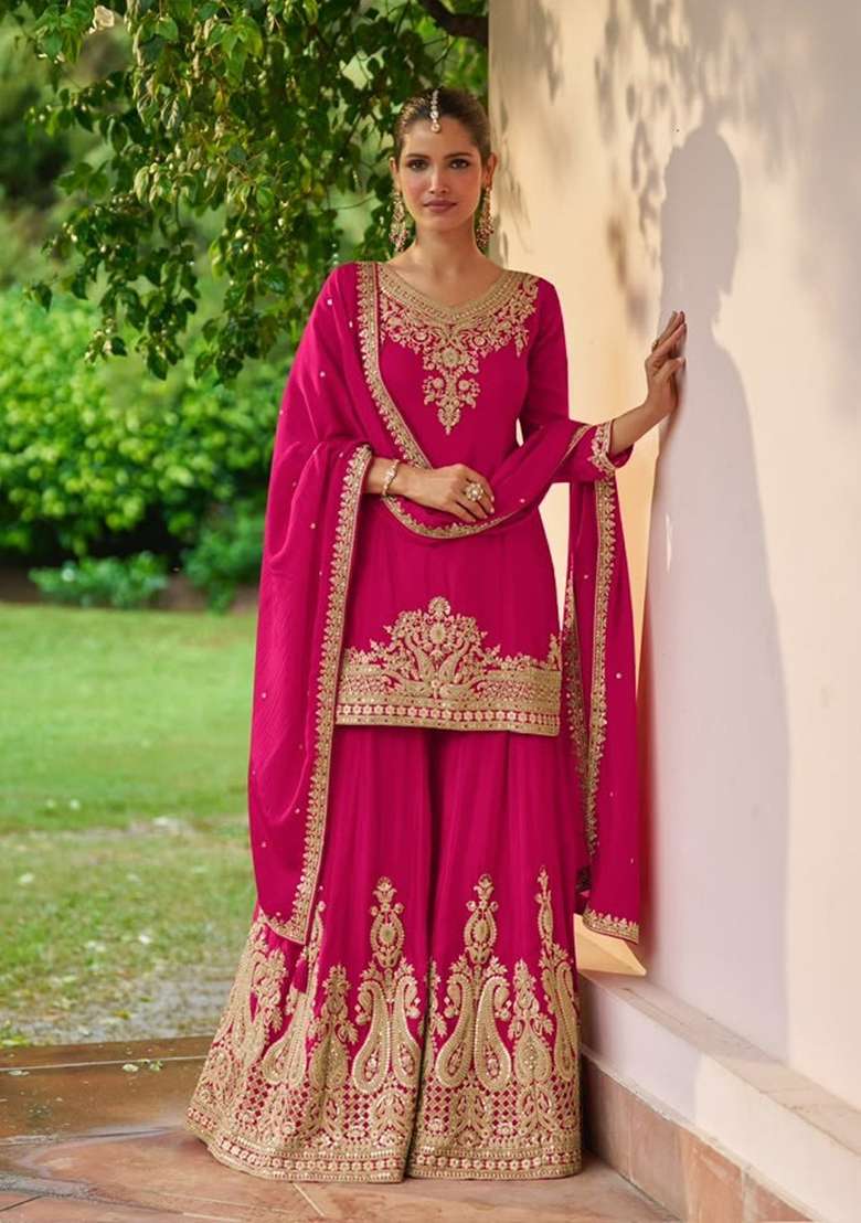 Rani Pink Embroidery Silk Kurta Set - Indya