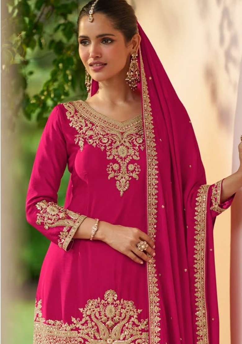 Rani Pink Embroidery Silk Kurta Set - Indya