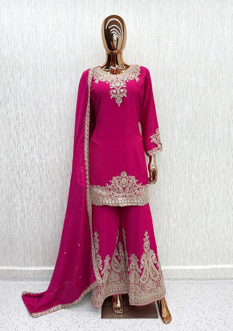 Rani Pink Embroidery Silk Kurta Set - Indya