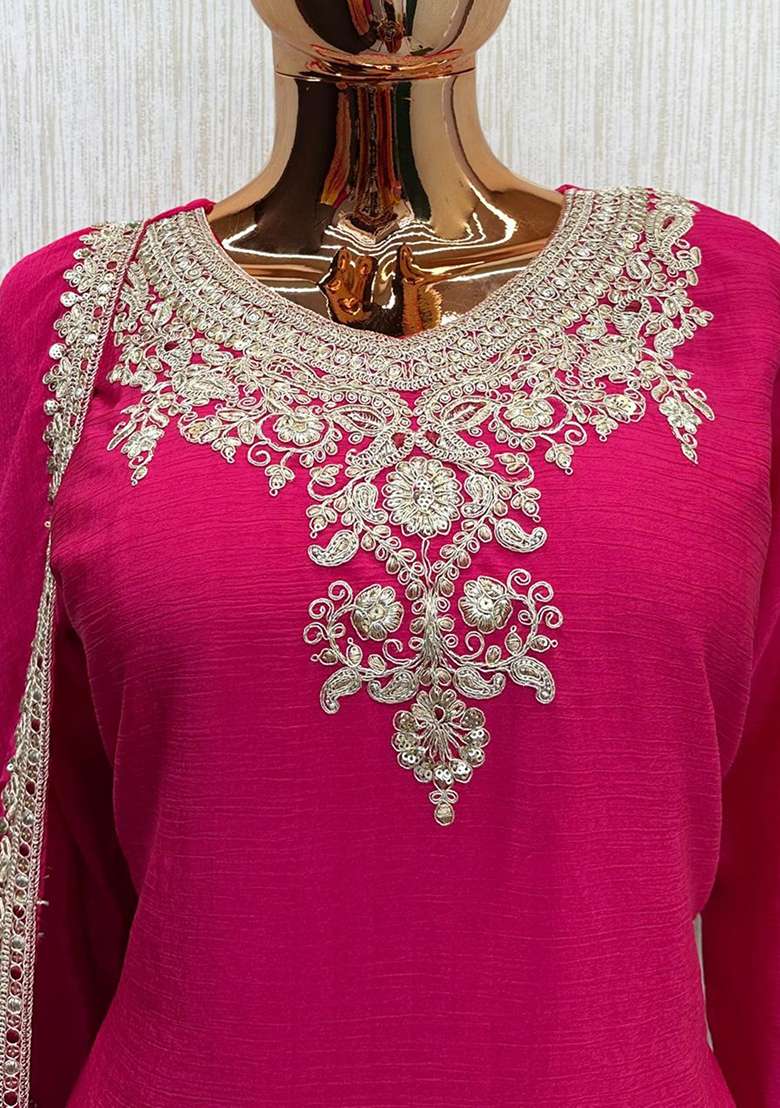 Rani Pink Embroidery Silk Kurta Set - Indya