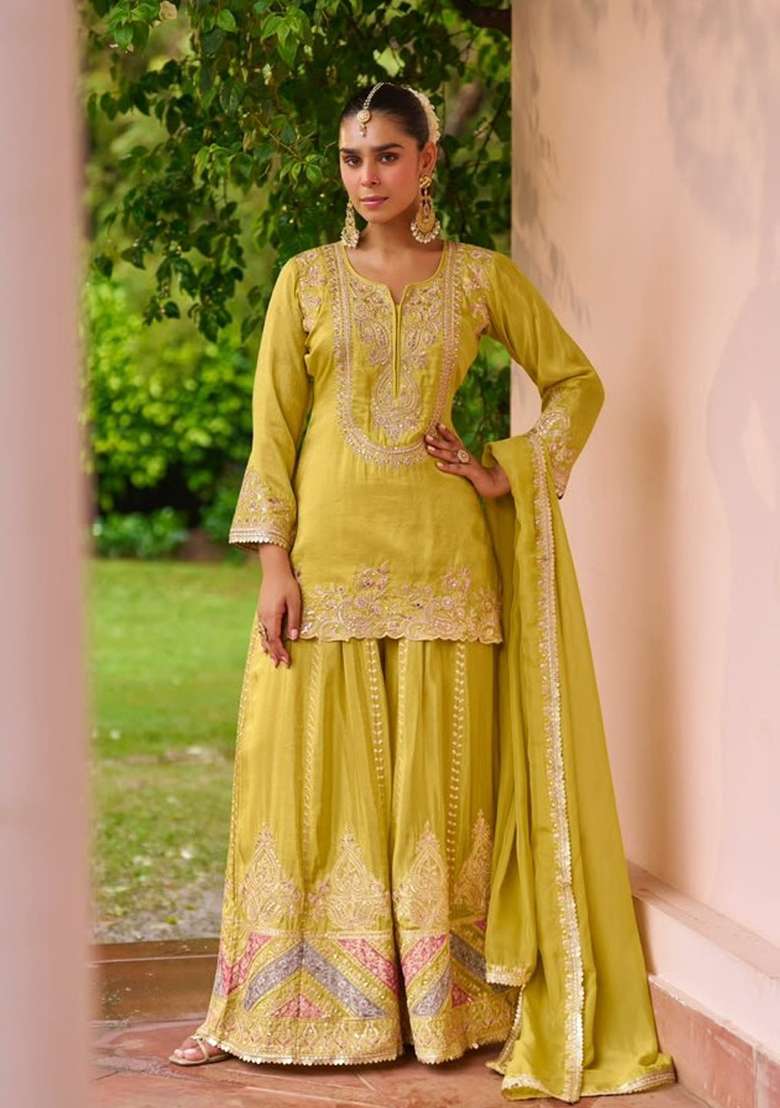 Yellow Embroidery Silk Kurta Set - Indya