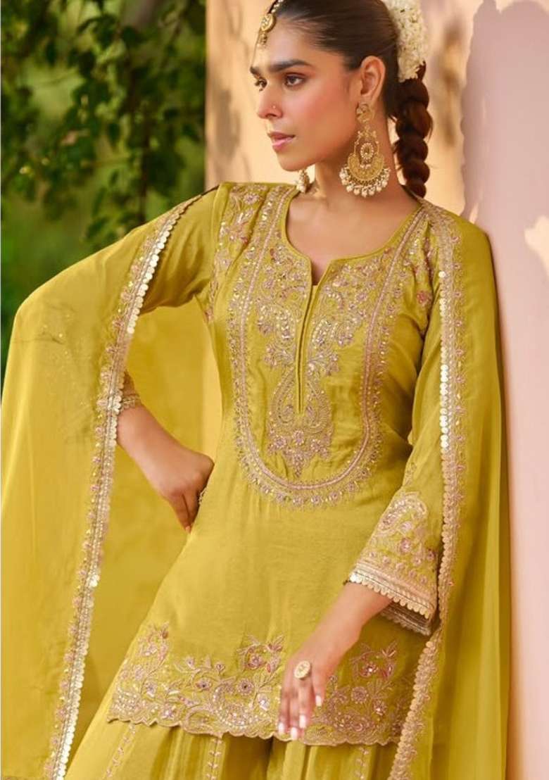 Yellow Embroidery Silk Kurta Set - Indya